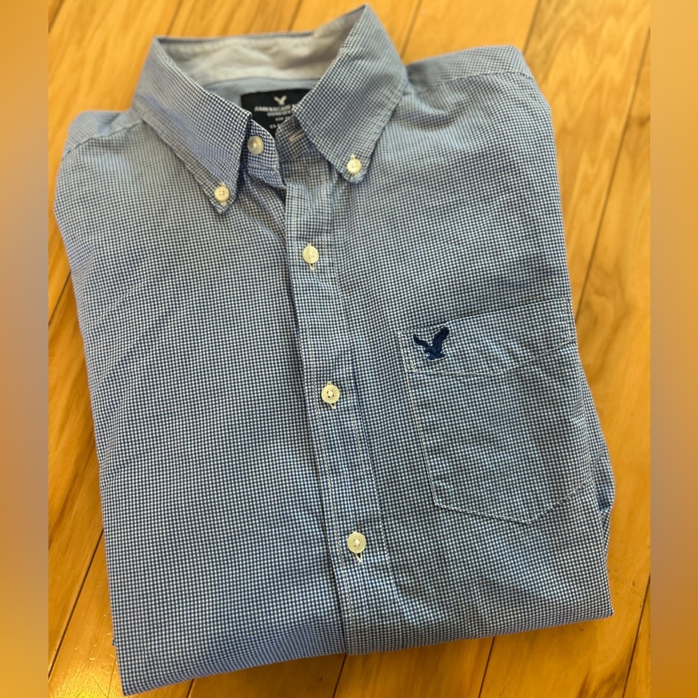American Eagle Checkered Long-Sleeve Mens Button Down Cotton Shirt